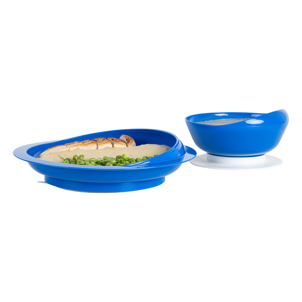 Adapt Tek Blue Plastic 2-Piece Scoop Plate and Bowl Set - Spillproof, with Suction Base - Includes 20 Plates and 20 Bowls