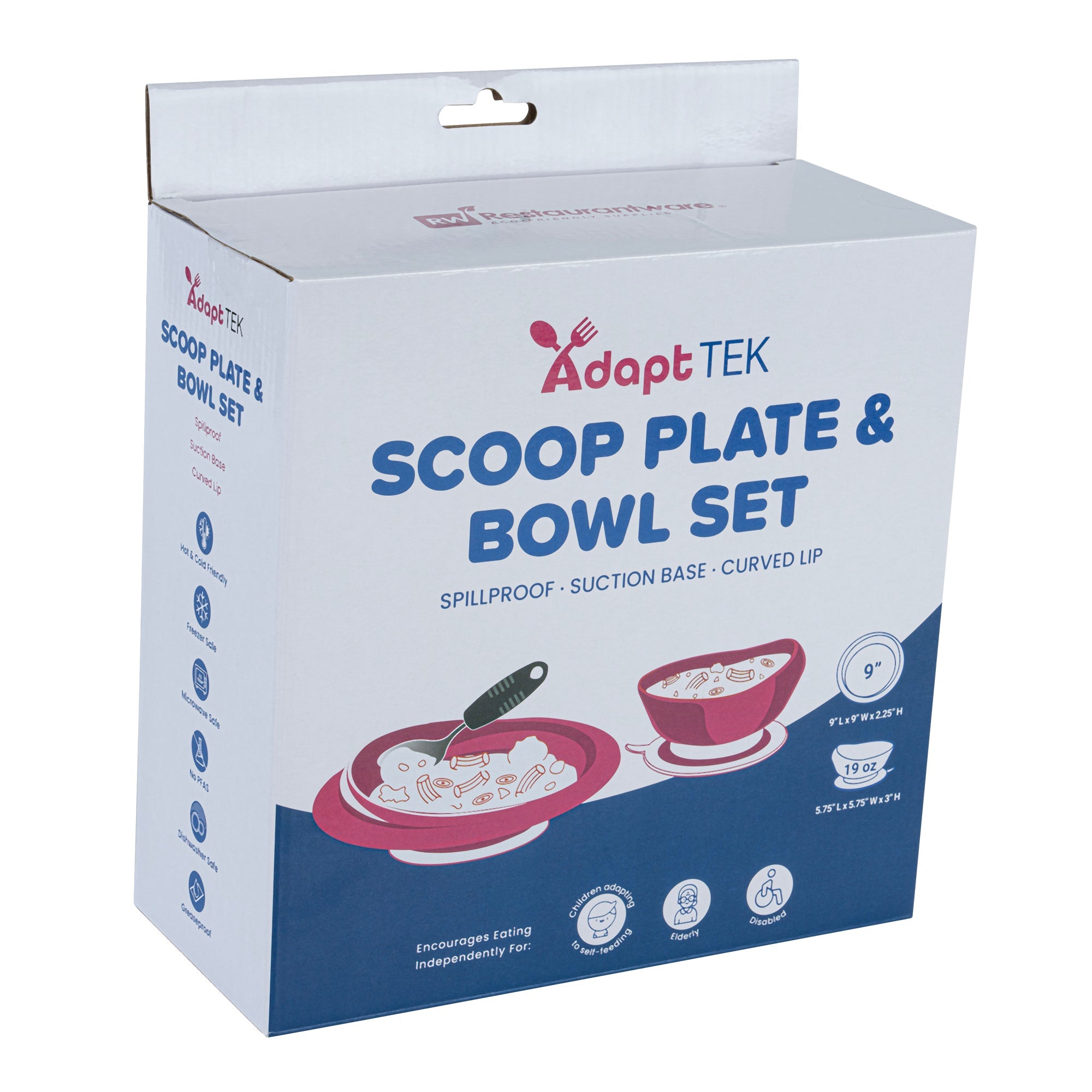 Adapt Tek Blue Plastic 2-Piece Scoop Plate and Bowl Set - Spillproof, with Suction Base - Includes 20 Plates and 20 Bowls