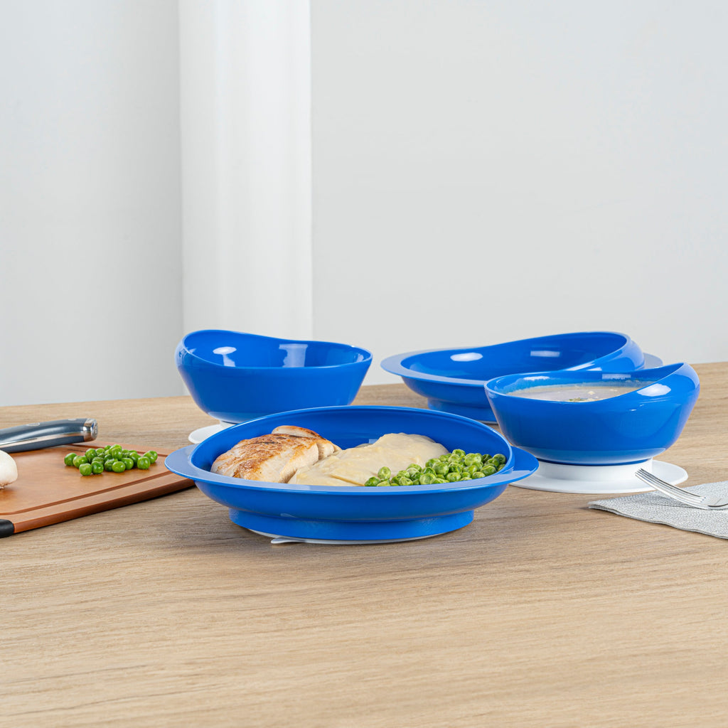 Adapt Tek Blue Plastic 2-Piece Scoop Plate and Bowl Set - Spillproof, with Suction Base - Includes 20 Plates and 20 Bowls