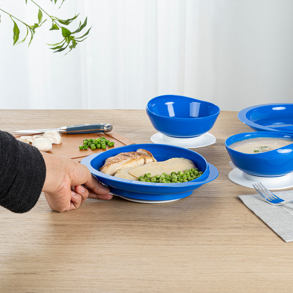 Adapt Tek Blue Plastic 2-Piece Scoop Plate and Bowl Set - Spillproof, with Suction Base - Includes 20 Plates and 20 Bowls