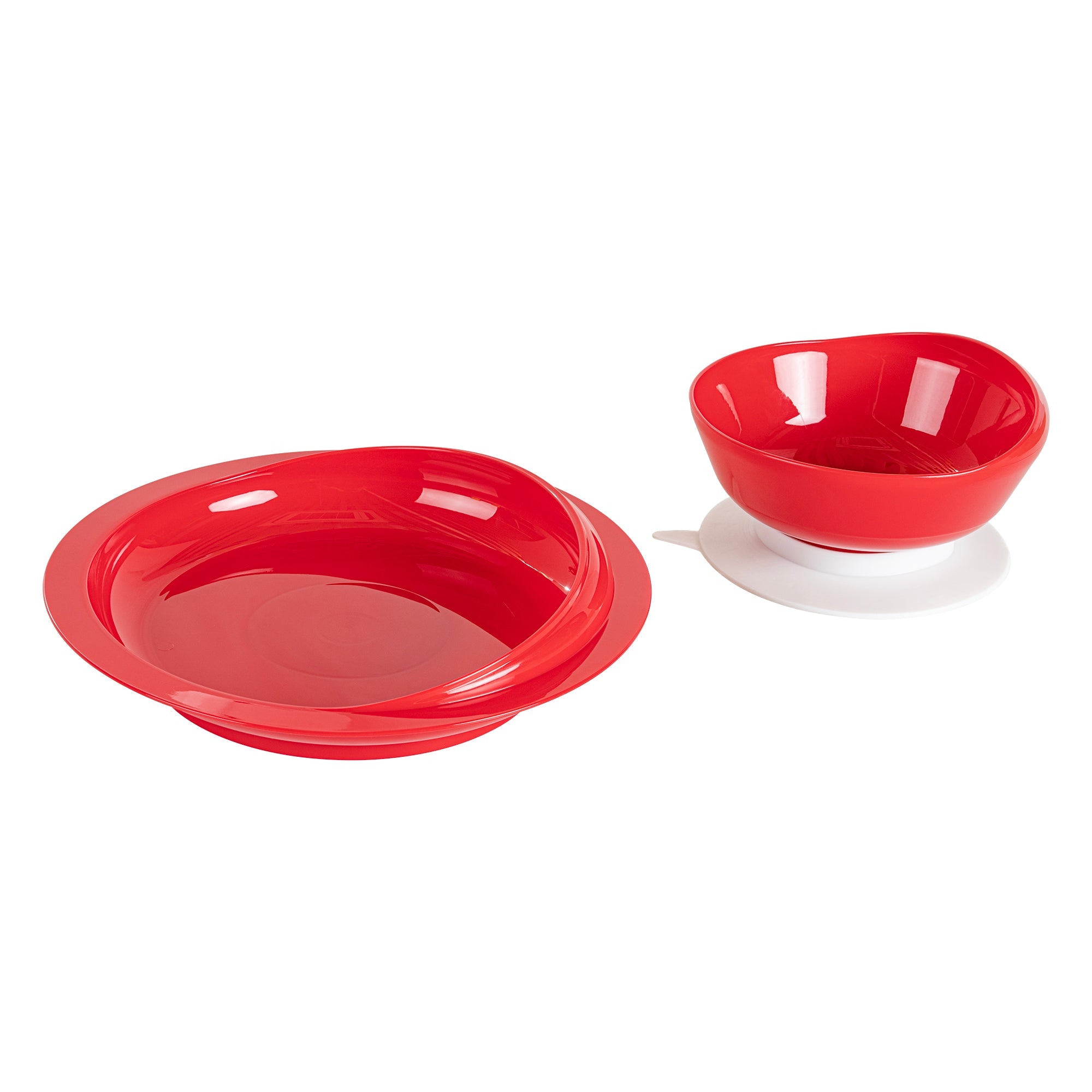 Adapt Tek Red Plastic 2-Piece Scoop Plate and Bowl Set - Spillproof, with Suction Base - Includes 1 Plate and 1 Bowl