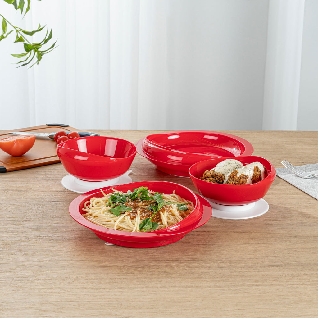 Adapt Tek Red Plastic 2-Piece Scoop Plate and Bowl Set - Spillproof, with Suction Base - Includes 1 Plate and 1 Bowl