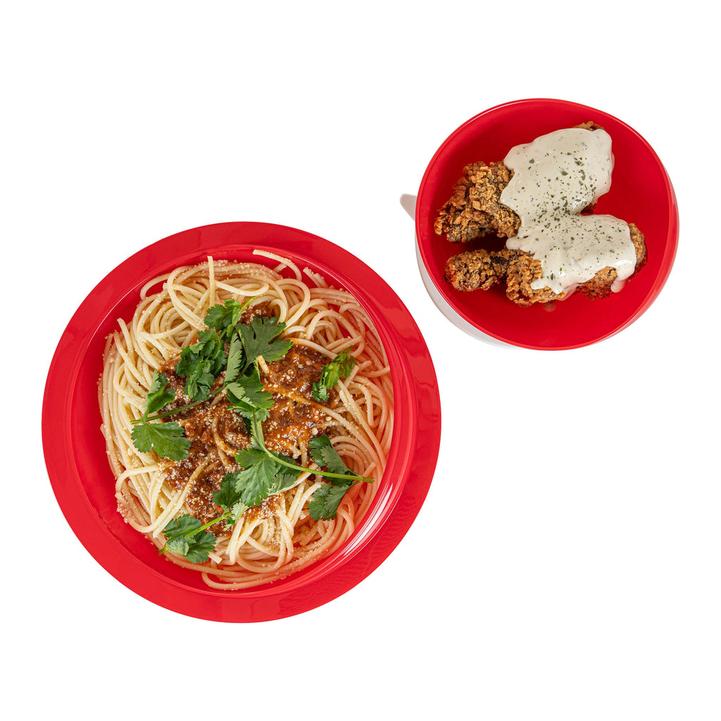 Adapt Tek Red Plastic 2-Piece Scoop Plate and Bowl Set - Spillproof, with Suction Base - Includes 1 Plate and 1 Bowl