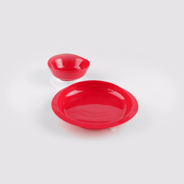 Adapt Tek Red Plastic 2-Piece Scoop Plate and Bowl Set - Spillproof, with Suction Base - Includes 1 Plate and 1 Bowl