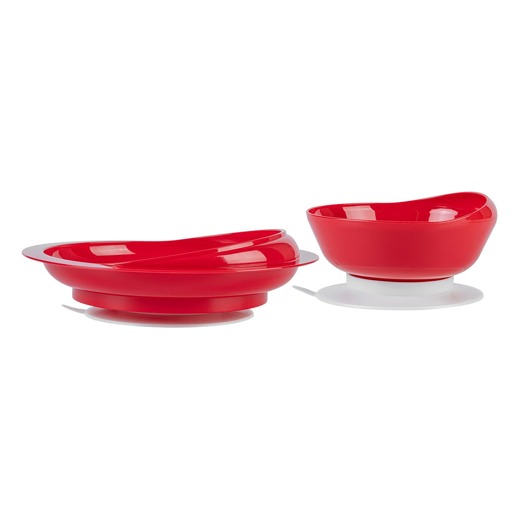 Adapt Tek Red Plastic 2-Piece Scoop Plate and Bowl Set - Spillproof, with Suction Base - Includes 1 Plate and 1 Bowl