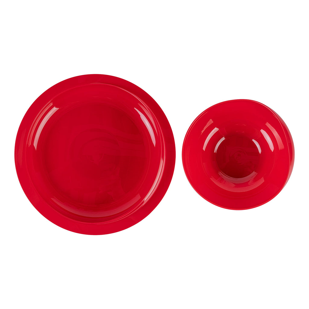 Adapt Tek Red Plastic 2-Piece Scoop Plate and Bowl Set - Spillproof, with Suction Base - Includes 1 Plate and 1 Bowl