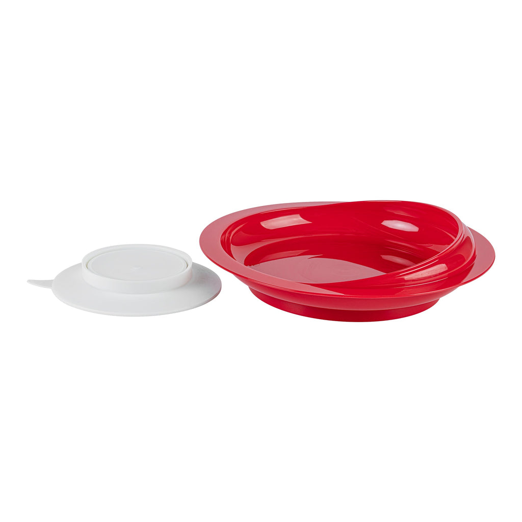 Adapt Tek Red Plastic 2-Piece Scoop Plate and Bowl Set - Spillproof, with Suction Base - Includes 1 Plate and 1 Bowl