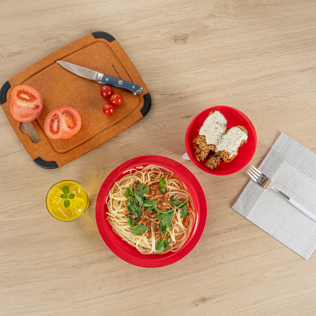 Adapt Tek Red Plastic 2-Piece Scoop Plate and Bowl Set - Spillproof, with Suction Base - Includes 1 Plate and 1 Bowl