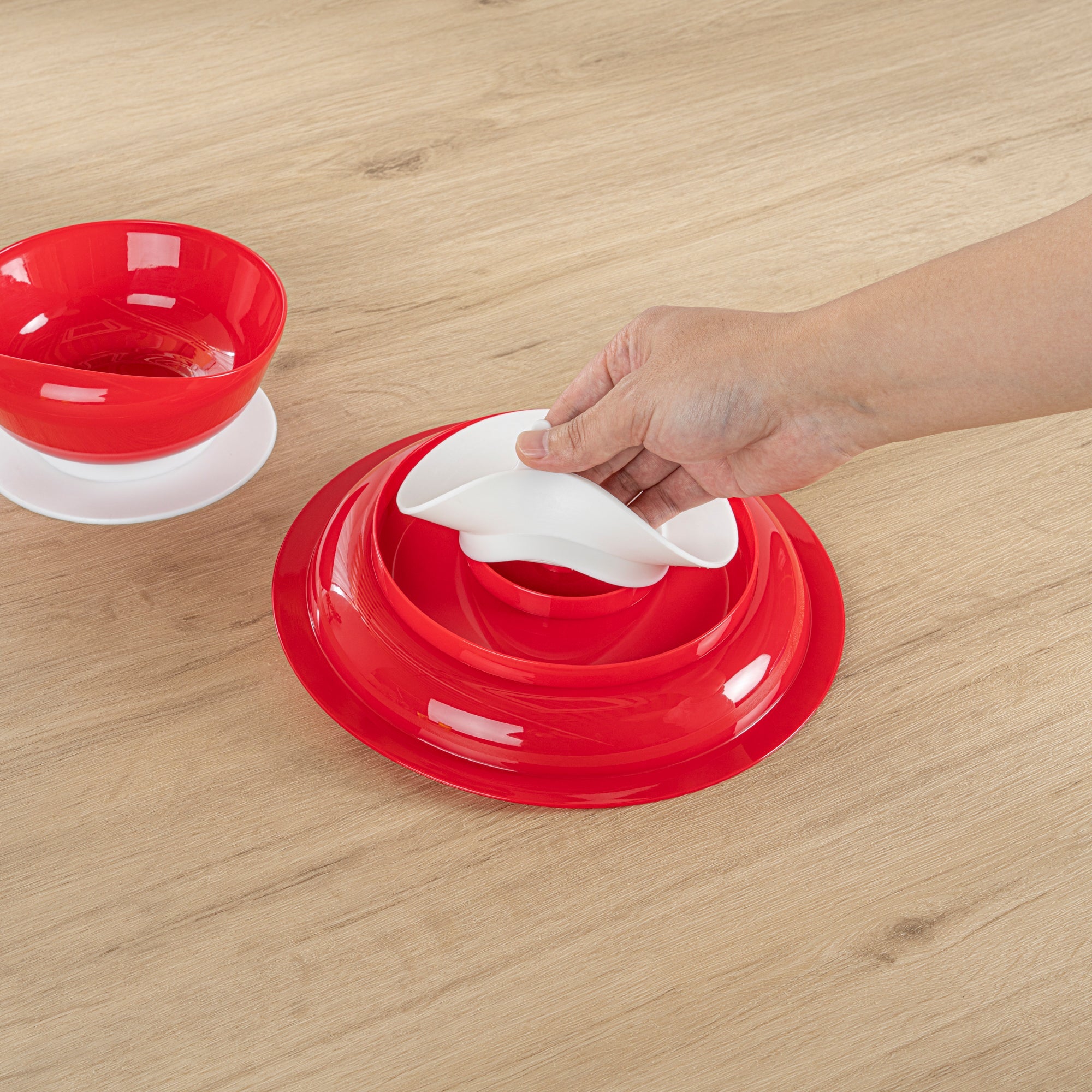 Adapt Tek Red Plastic 2-Piece Scoop Plate and Bowl Set - Spillproof, with Suction Base - Includes 1 Plate and 1 Bowl