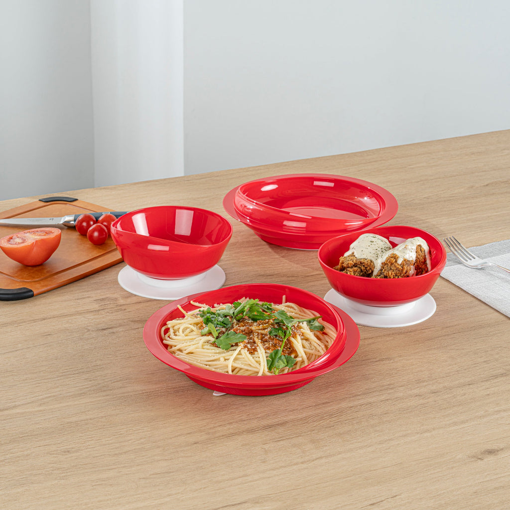 Adapt Tek Red Plastic 2-Piece Scoop Plate and Bowl Set - Spillproof, with Suction Base - Includes 1 Plate and 1 Bowl