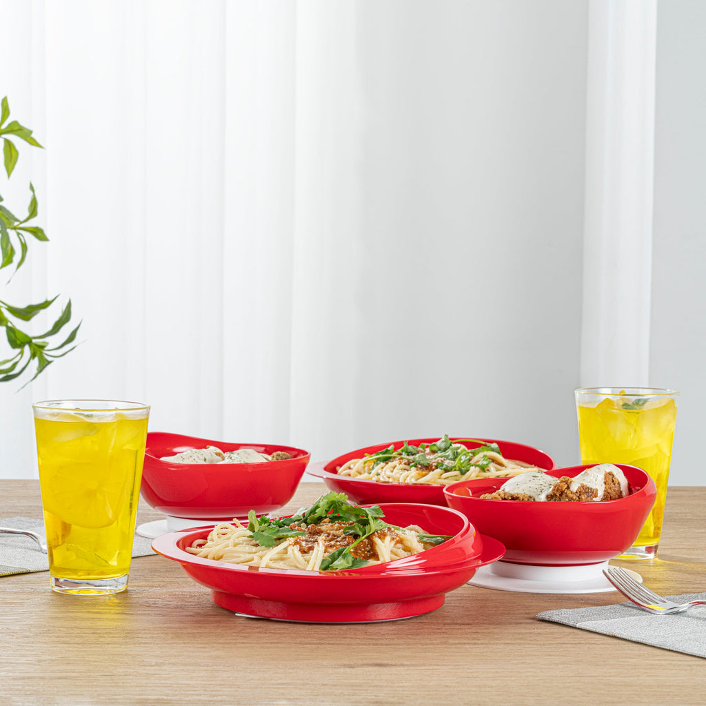 Adapt Tek Red Plastic 2-Piece Scoop Plate and Bowl Set - Spillproof, with Suction Base - Includes 1 Plate and 1 Bowl