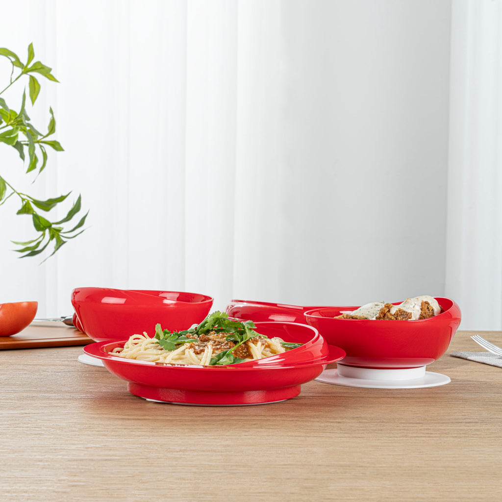 Adapt Tek Red Plastic 2-Piece Scoop Plate and Bowl Set - Spillproof, with Suction Base - Includes 20 Plates and 20 Bowls