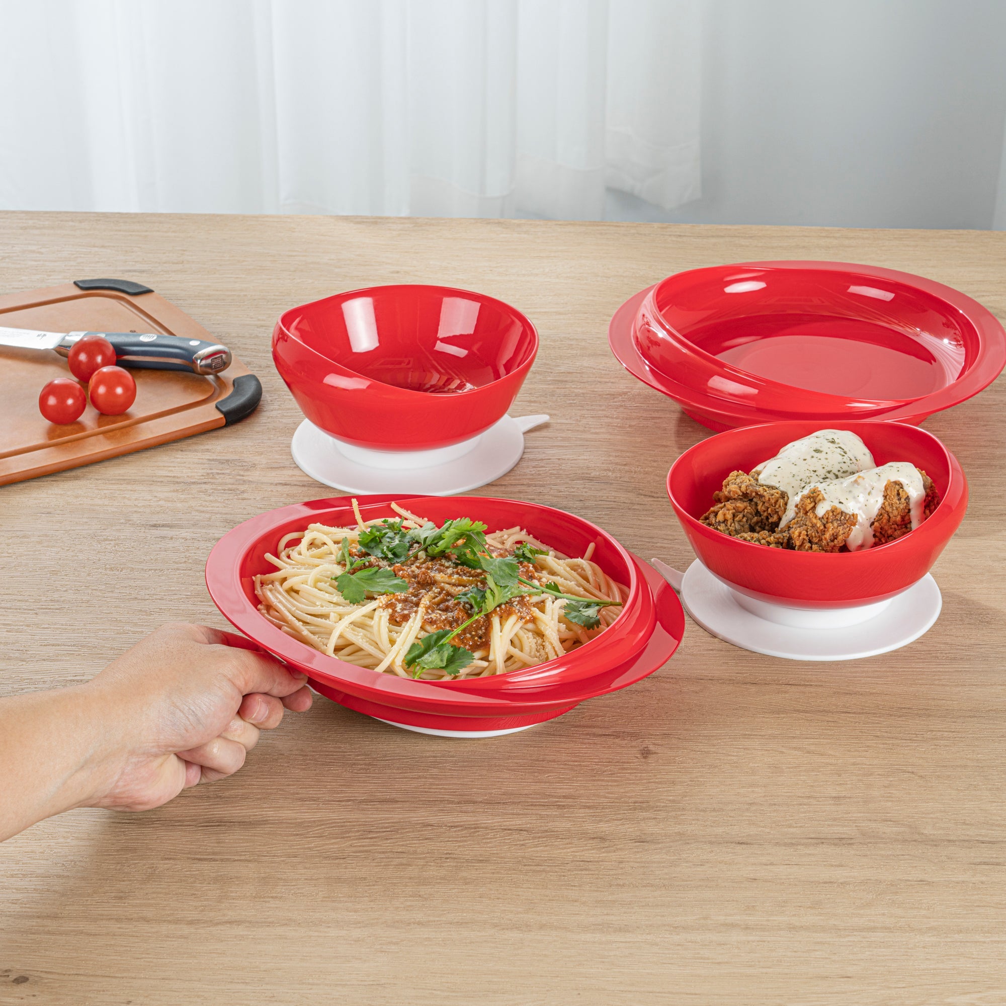 Adapt Tek Red Plastic 2-Piece Scoop Plate and Bowl Set - Spillproof, with Suction Base - Includes 20 Plates and 20 Bowls