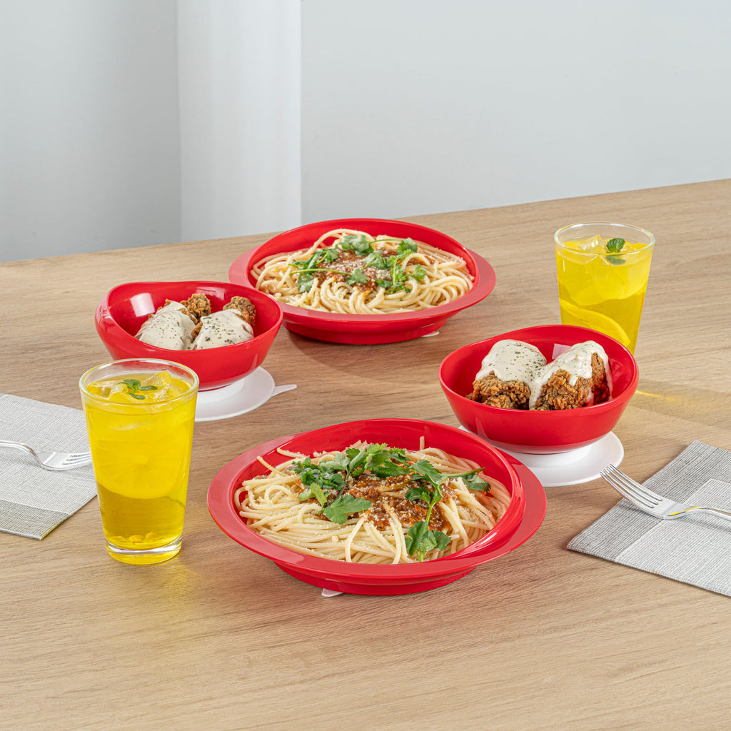 Adapt Tek Red Plastic 2-Piece Scoop Plate and Bowl Set - Spillproof, with Suction Base - Includes 20 Plates and 20 Bowls