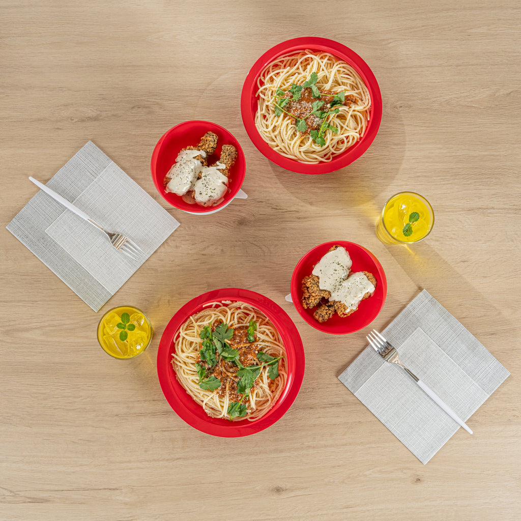 Adapt Tek Red Plastic 2-Piece Scoop Plate and Bowl Set - Spillproof, with Suction Base - Includes 20 Plates and 20 Bowls