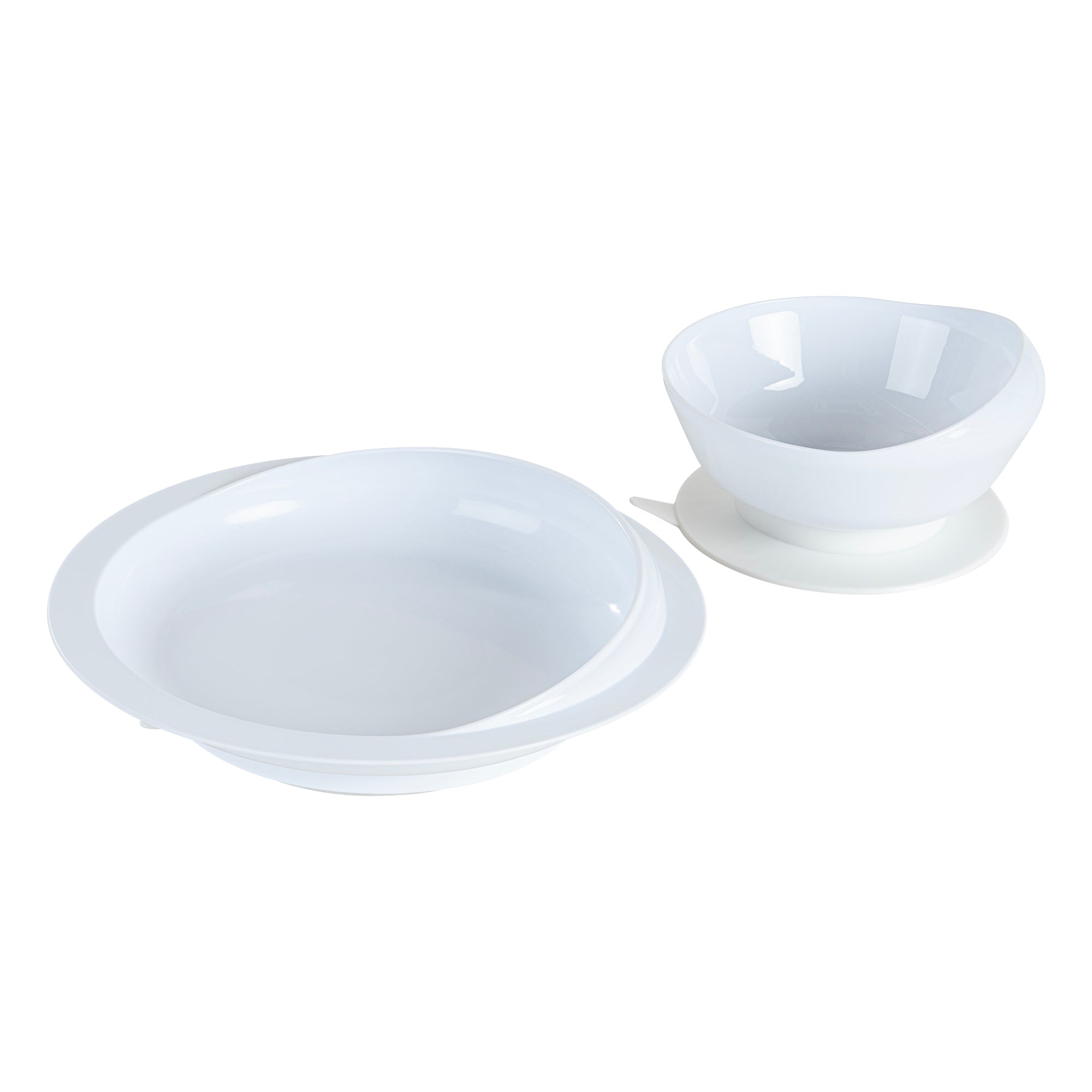 Adapt Tek Round White Plastic 2-Piece Scoop Plate and Bowl Set - Spillproof, with Suction Base - Includes 1 Plate and 1 Bowl
