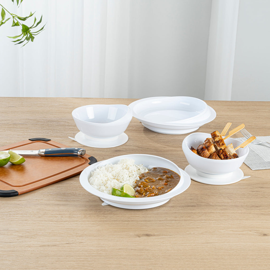 Adapt Tek Round White Plastic 2-Piece Scoop Plate and Bowl Set - Spillproof, with Suction Base - Includes 1 Plate and 1 Bowl