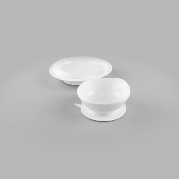 Adapt Tek Round White Plastic 2-Piece Scoop Plate and Bowl Set - Spillproof, with Suction Base - Includes 1 Plate and 1 Bowl