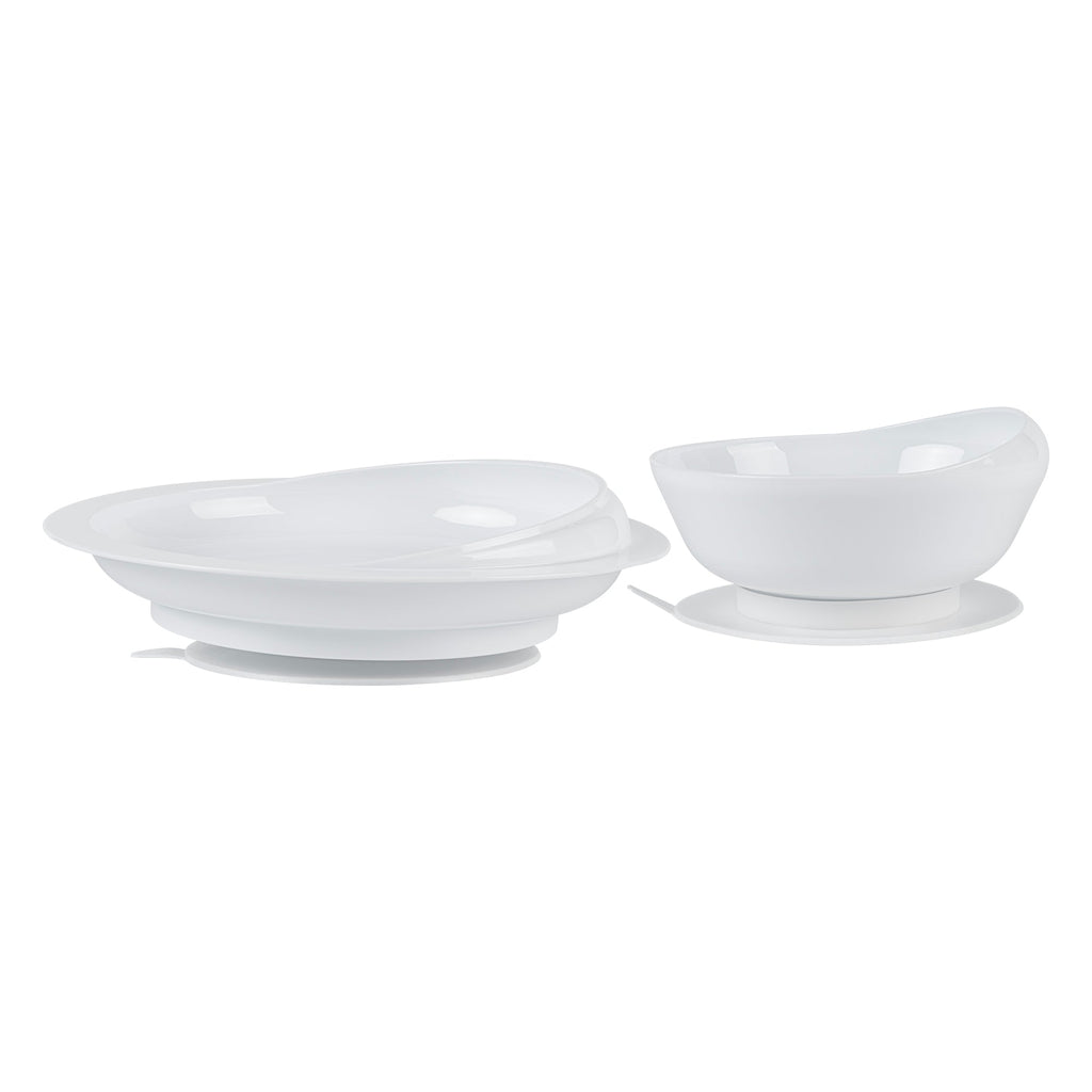 Adapt Tek Round White Plastic 2-Piece Scoop Plate and Bowl Set - Spillproof, with Suction Base - Includes 1 Plate and 1 Bowl