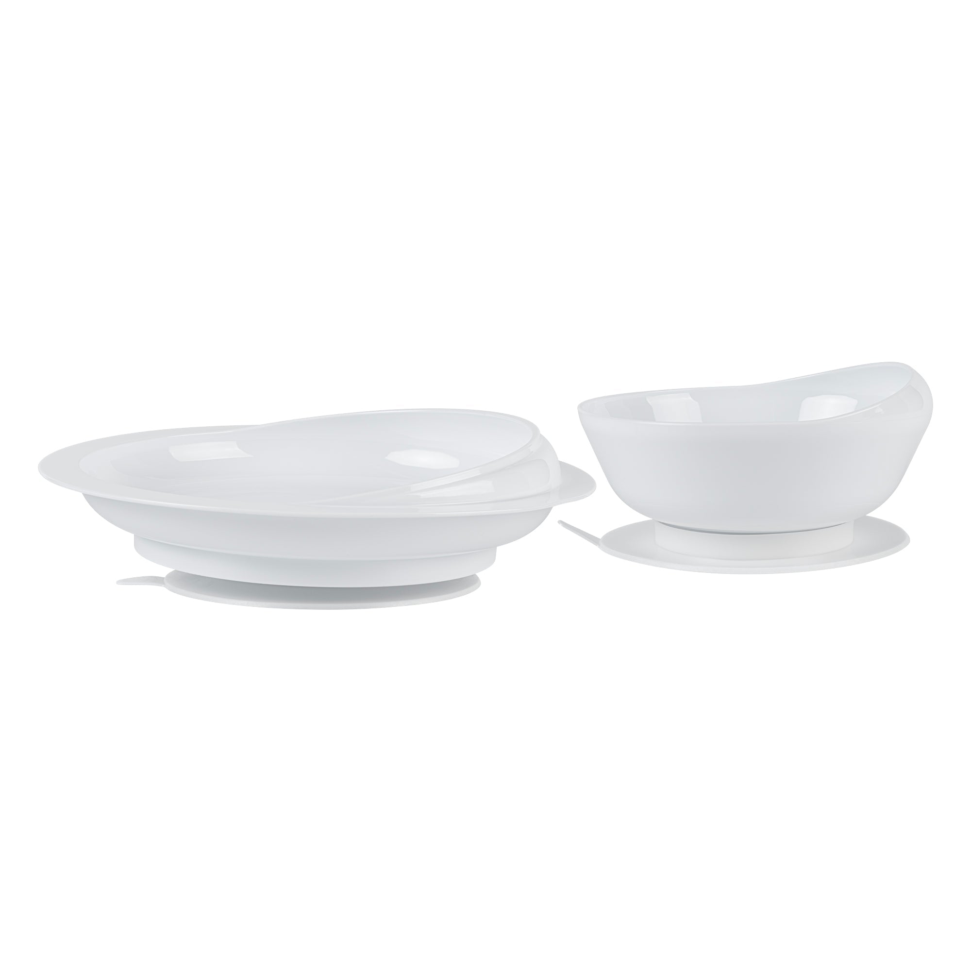 Adapt Tek Round White Plastic 2-Piece Scoop Plate and Bowl Set - Spillproof, with Suction Base - Includes 1 Plate and 1 Bowl