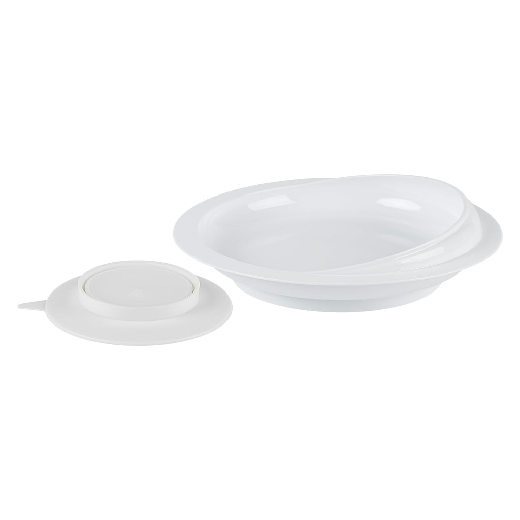 Adapt Tek Round White Plastic 2-Piece Scoop Plate and Bowl Set - Spillproof, with Suction Base - Includes 1 Plate and 1 Bowl