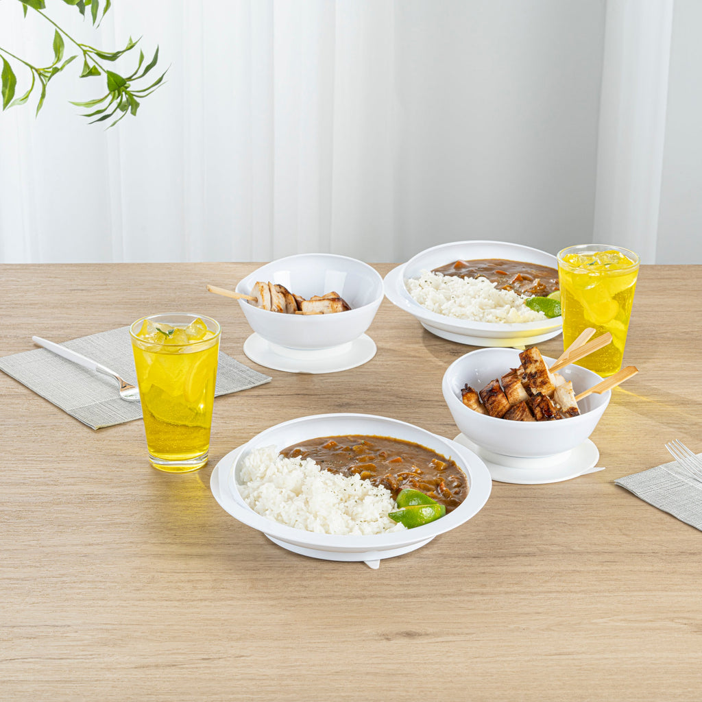 Adapt Tek Round White Plastic 2-Piece Scoop Plate and Bowl Set - Spillproof, with Suction Base - Includes 1 Plate and 1 Bowl