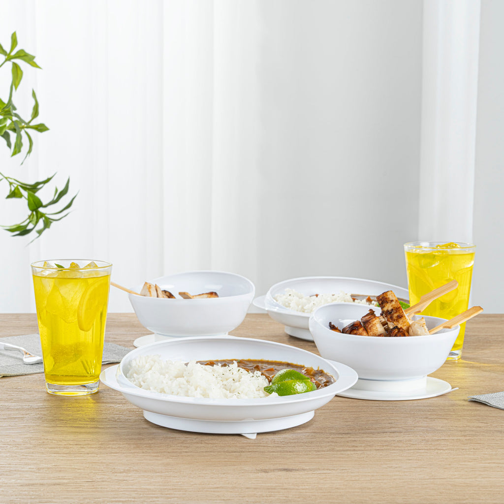 Adapt Tek Round White Plastic 2-Piece Scoop Plate and Bowl Set - Spillproof, with Suction Base - Includes 1 Plate and 1 Bowl