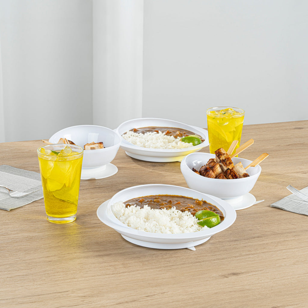 Adapt Tek Round White Plastic 2-Piece Scoop Plate and Bowl Set - Spillproof, with Suction Base - Includes 1 Plate and 1 Bowl