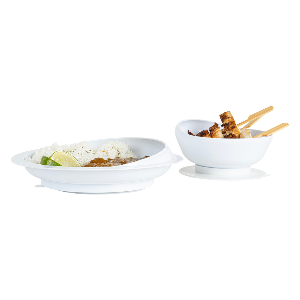 Adapt Tek White Plastic 2-Piece Scoop Plate and Bowl Set - Spillproof, with Suction Base - Includes 20 Plates and 20 Bowls