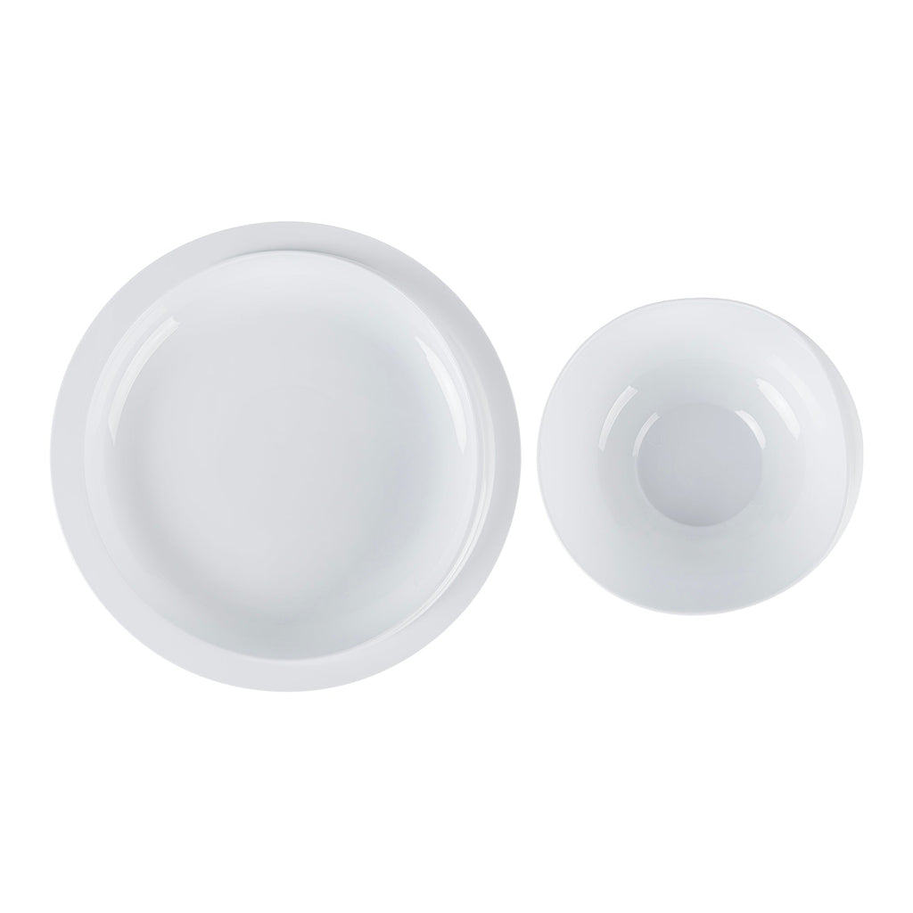 Adapt Tek White Plastic 2-Piece Scoop Plate and Bowl Set - Spillproof, with Suction Base - Includes 20 Plates and 20 Bowls