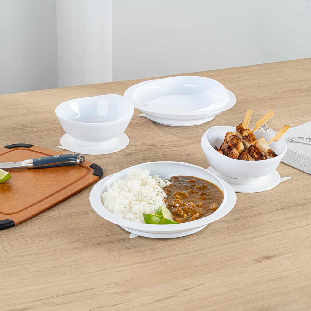 Adapt Tek White Plastic 2-Piece Scoop Plate and Bowl Set - Spillproof, with Suction Base - Includes 20 Plates and 20 Bowls