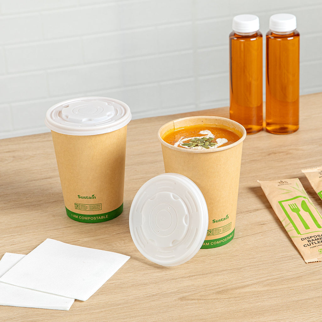 Sustain Round White PLA Plastic Lid - Compostable, Fits 12, 16, 24 & 32 oz Soup Container - 200 count box
