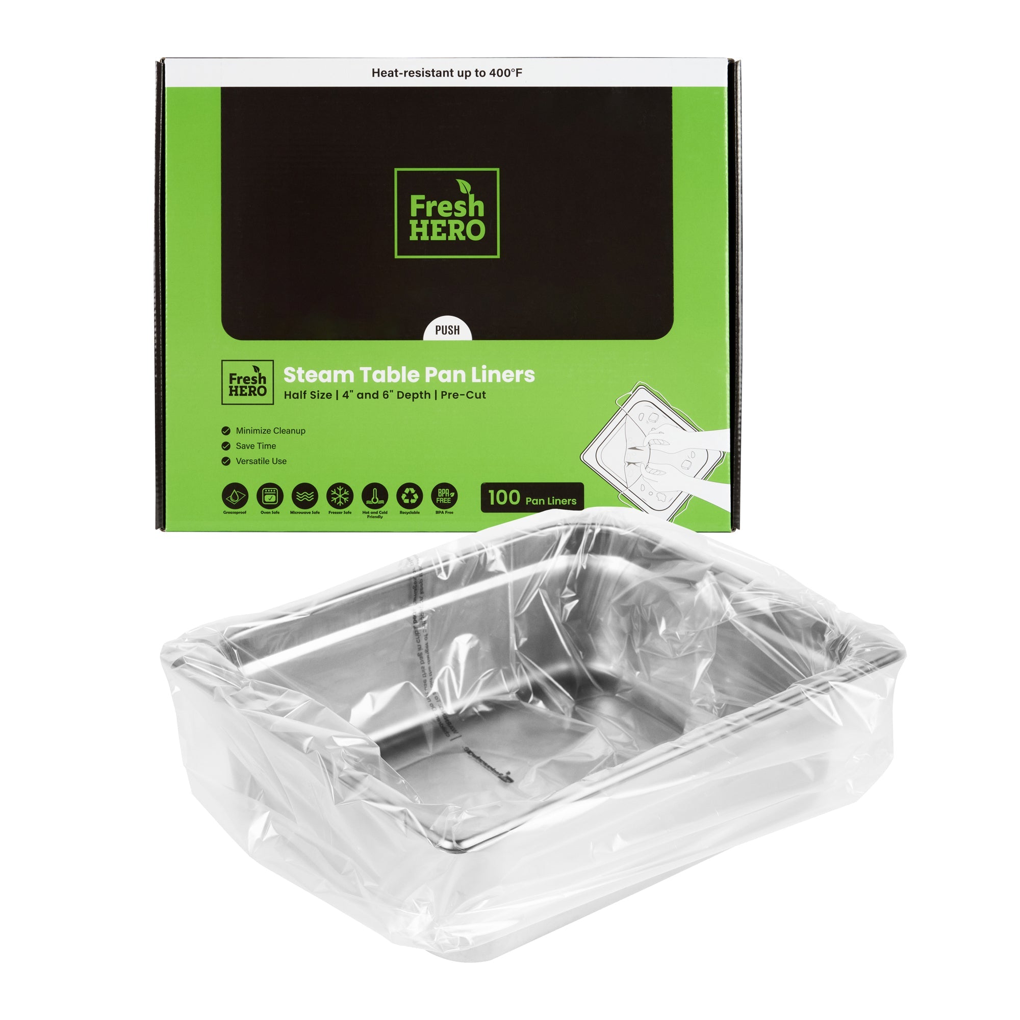 Fresh Hero Nylon Half Size Steam Table Pan Liner - 4" and 6" Depth - 23" x 14" - 100 count box