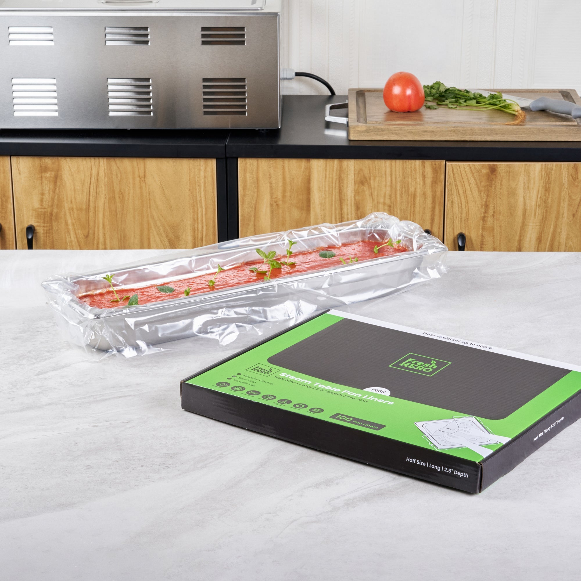 Fresh Hero Nylon Half Size Long Steam Table Pan Liner - 2.5" Depth - 27" x 10" - 100 count box