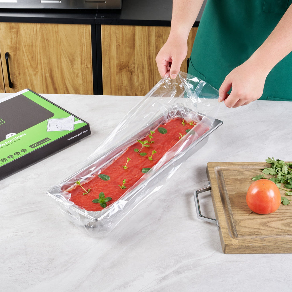 Fresh Hero Nylon Half Size Long Steam Table Pan Liner - 2.5" Depth - 27" x 10" - 100 count box