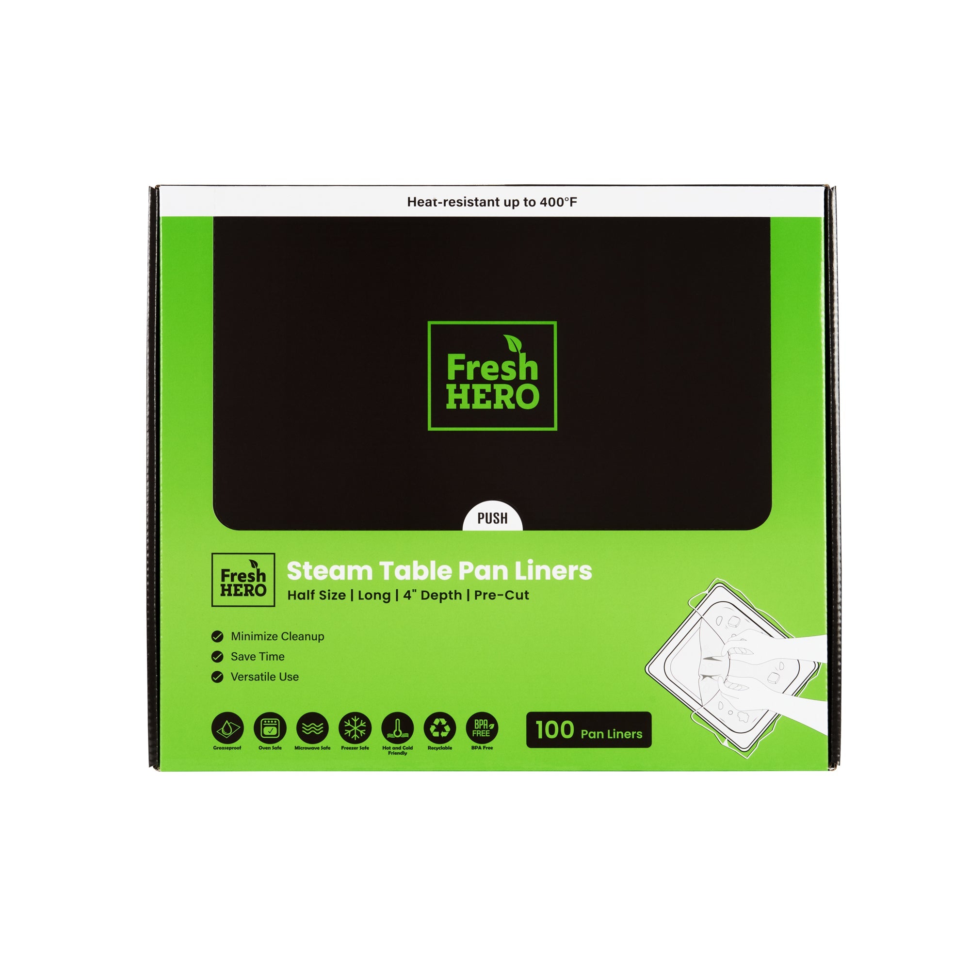 Fresh Hero Nylon Half Size Long Steam Table Pan Liner - 4" Depth - 27" x 11" - 100 count box