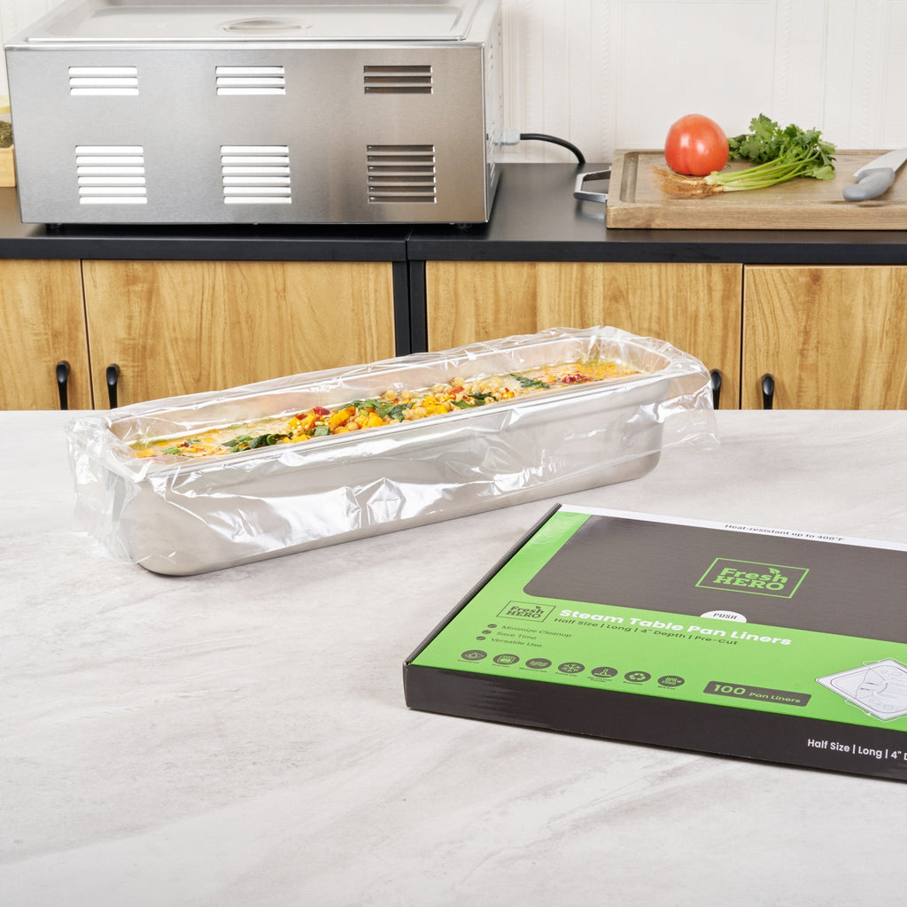 Fresh Hero Nylon Half Size Long Steam Table Pan Liner - 4" Depth - 27" x 11" - 100 count box
