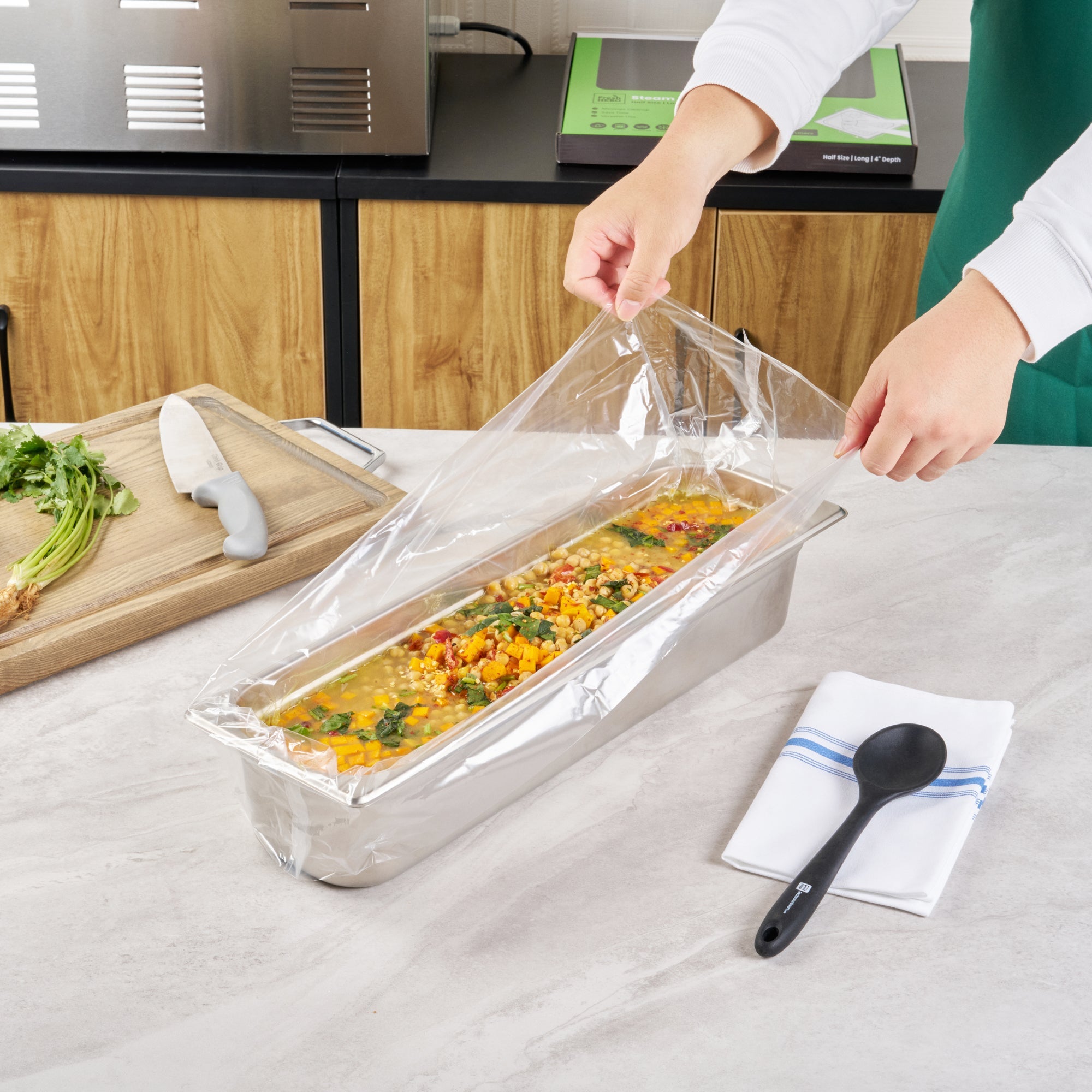 Fresh Hero Nylon Half Size Long Steam Table Pan Liner - 4" Depth - 27" x 11" - 100 count box