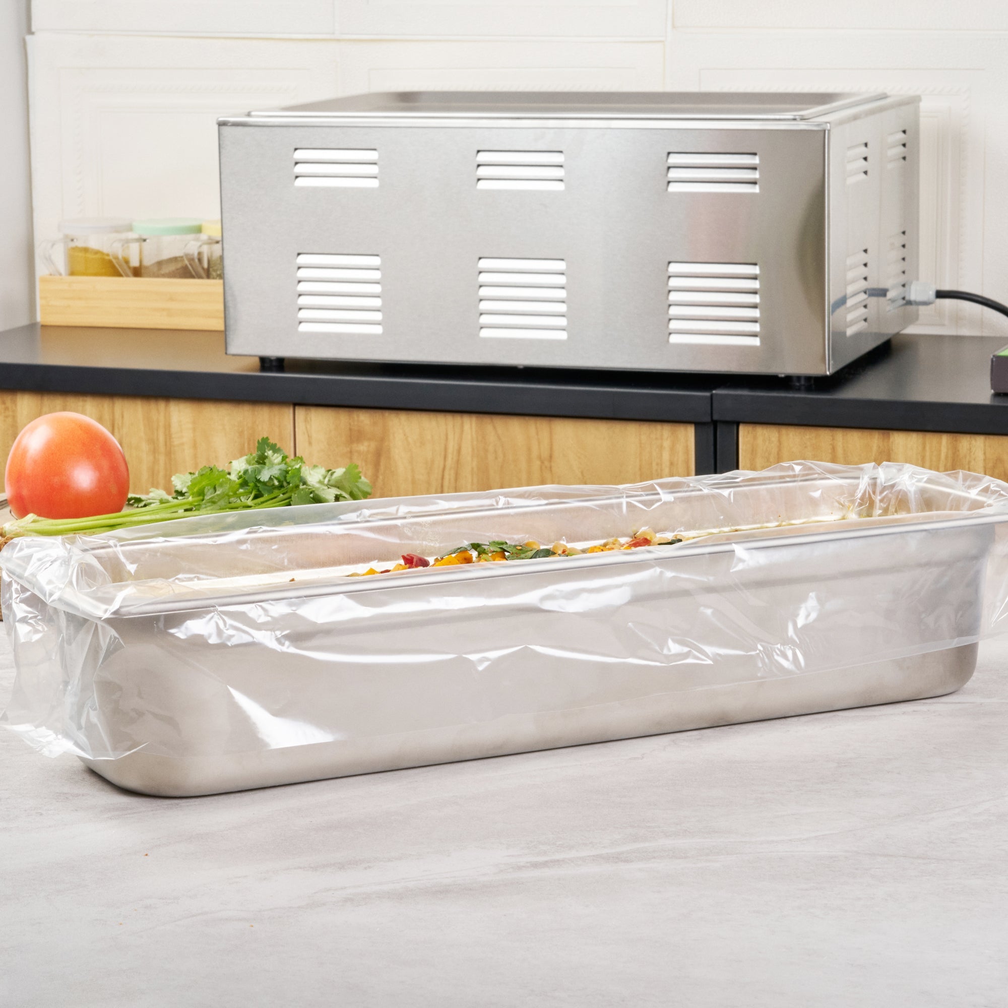Fresh Hero Nylon Half Size Long Steam Table Pan Liner - 4" Depth - 27" x 11" - 100 count box
