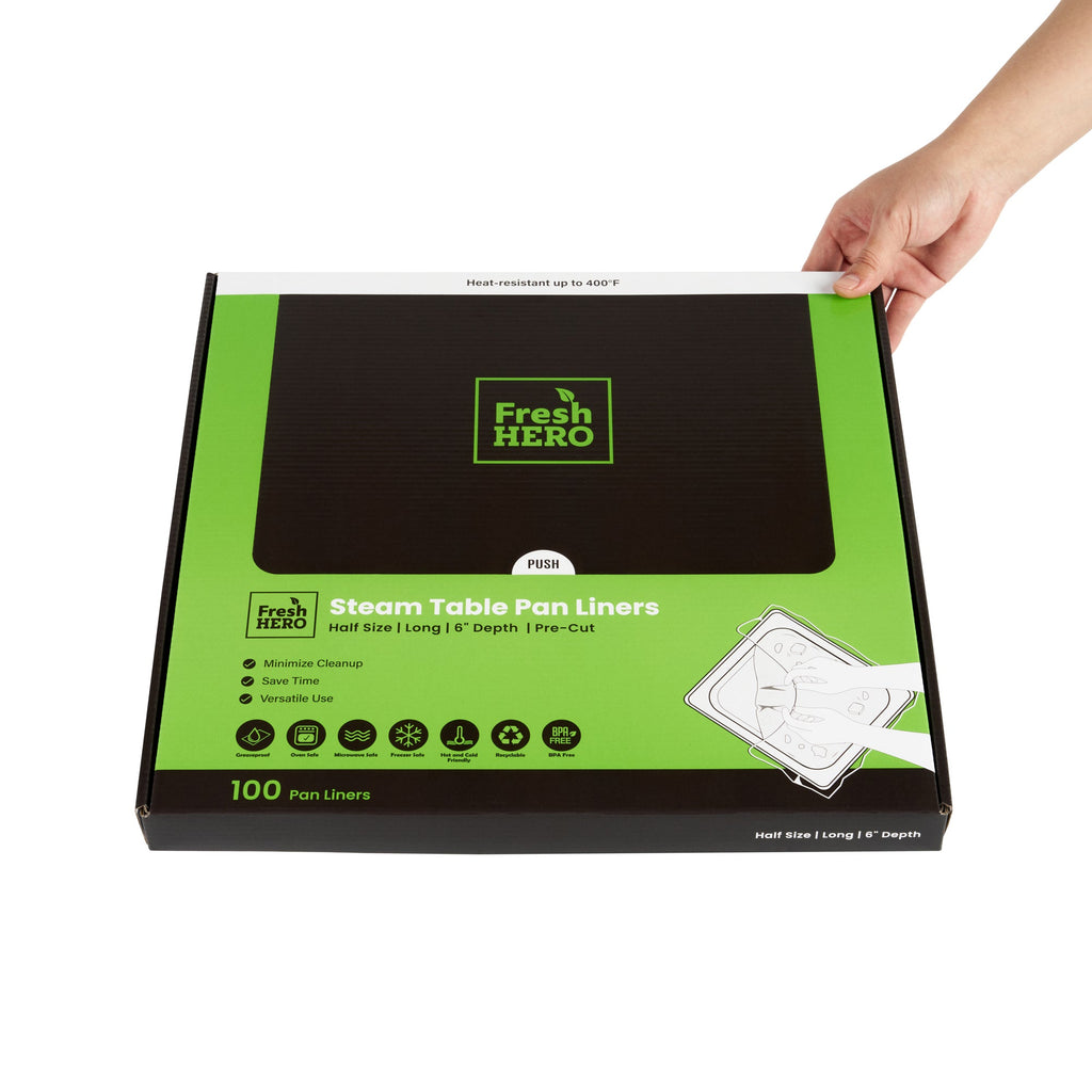 Fresh Hero Nylon Half Size Long Steam Table Pan Liner - 6" Depth - 27" x 14" - 100 count box