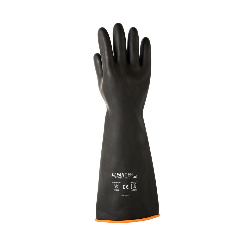 Clean Tek Professional 30 mil Black Latex Chemical-Resistant Gloves - Unlined, Heavy Duty - 17 3/4" - Pair - 10 count box