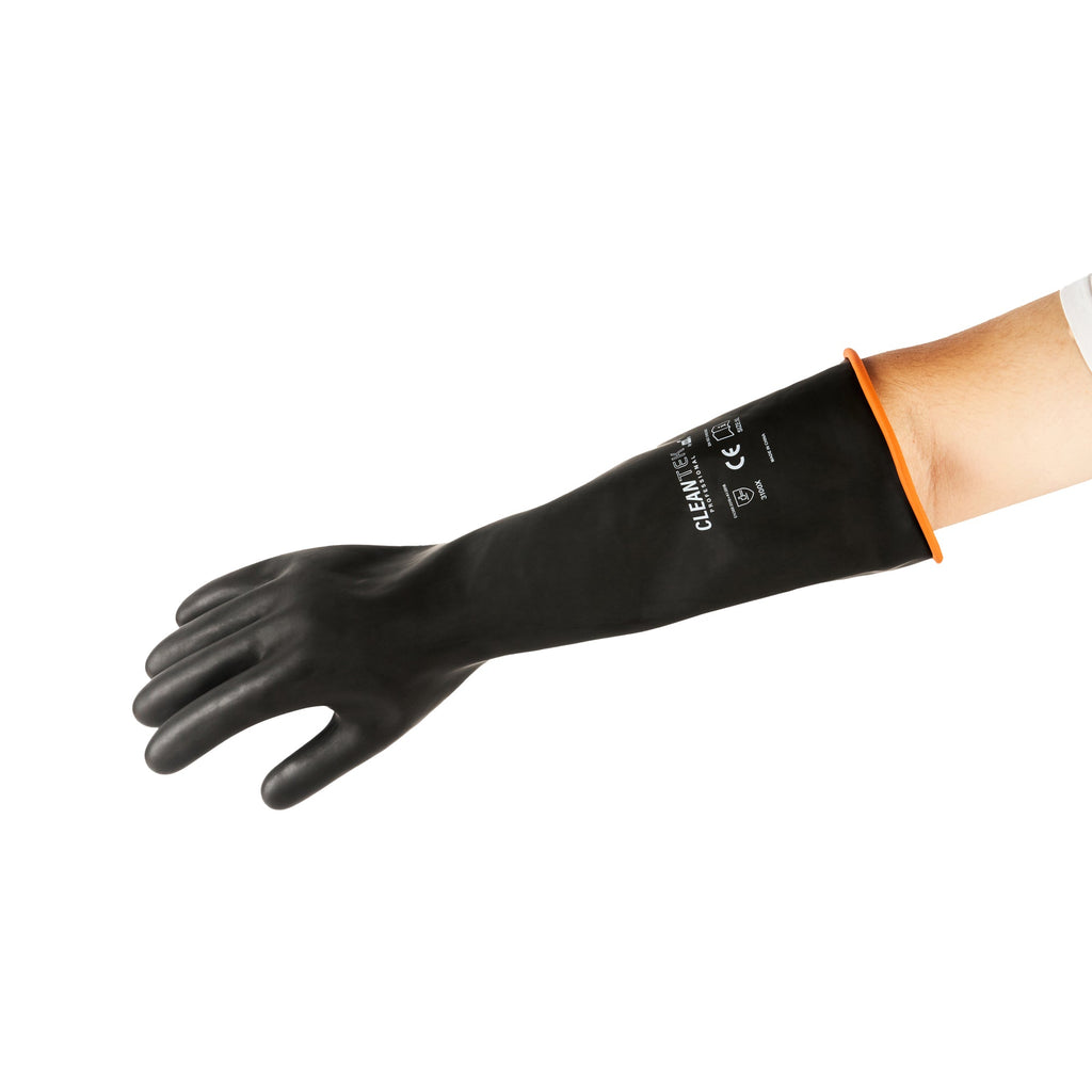 Clean Tek Professional 30 mil Black Latex Chemical-Resistant Gloves - Unlined, Heavy Duty - 17 3/4" - Pair - 10 count box