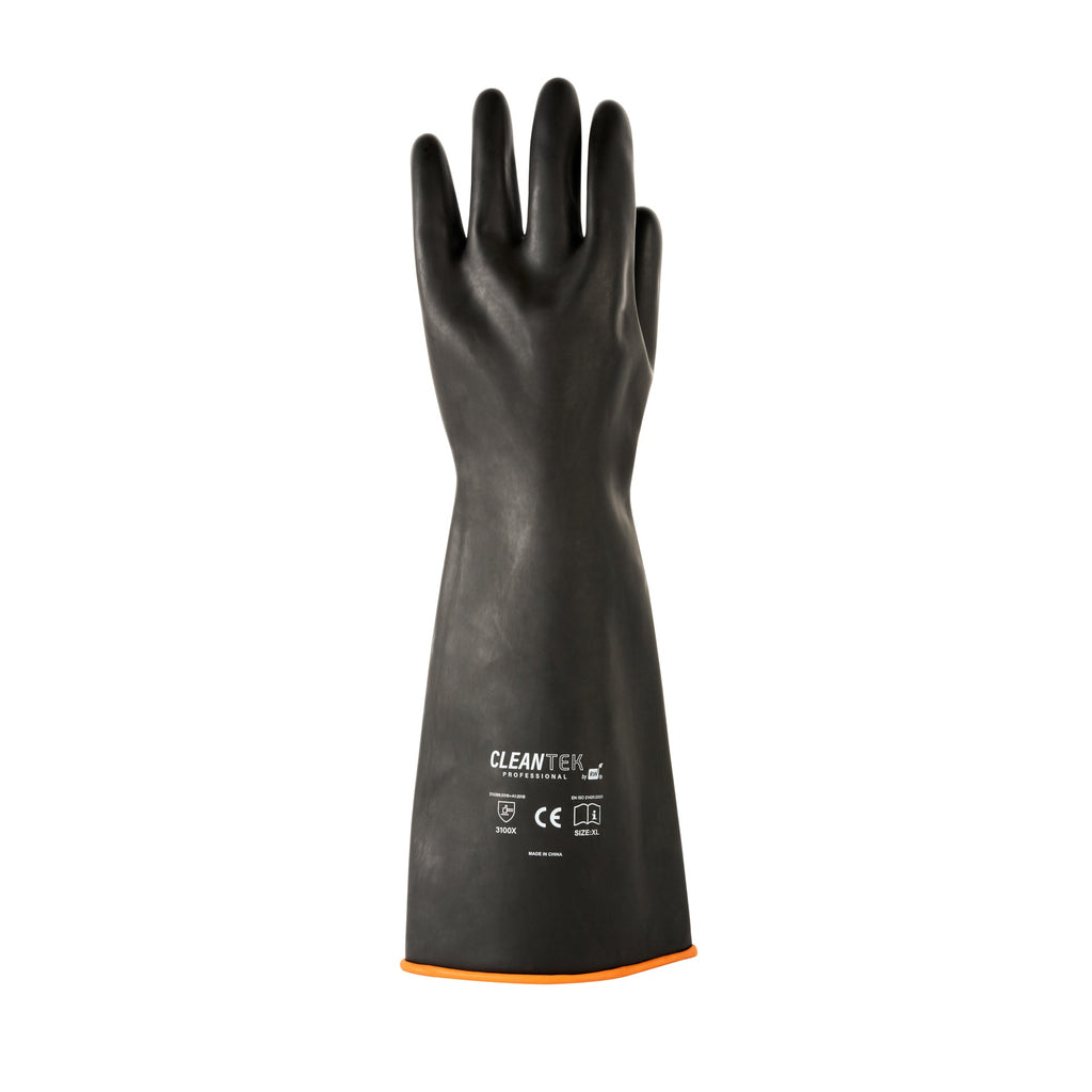 Clean Tek Professional 30 mil Black Latex Chemical-Resistant Gloves - Unlined, Heavy Duty - 17 3/4" - Pair - 10 count box