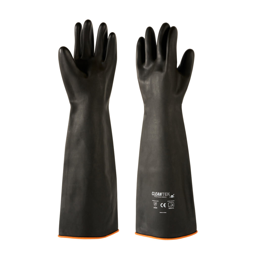 Clean Tek Professional 30 mil Black Latex Chemical-Resistant Gloves - Unlined, Heavy Duty - 21 3/4" - Pair - 1 count box
