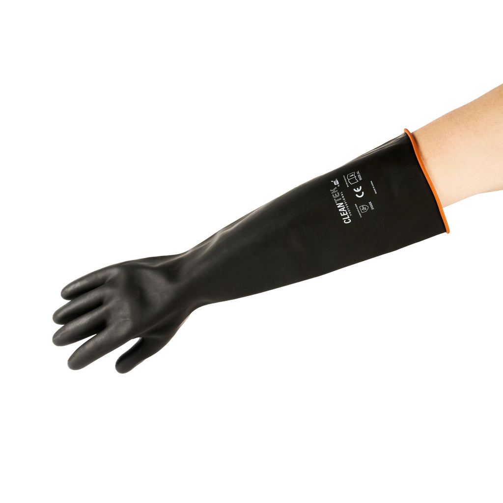 Clean Tek Professional 30 mil Black Latex Chemical-Resistant Gloves - Unlined, Heavy Duty - 21 3/4" - Pair - 10 count box