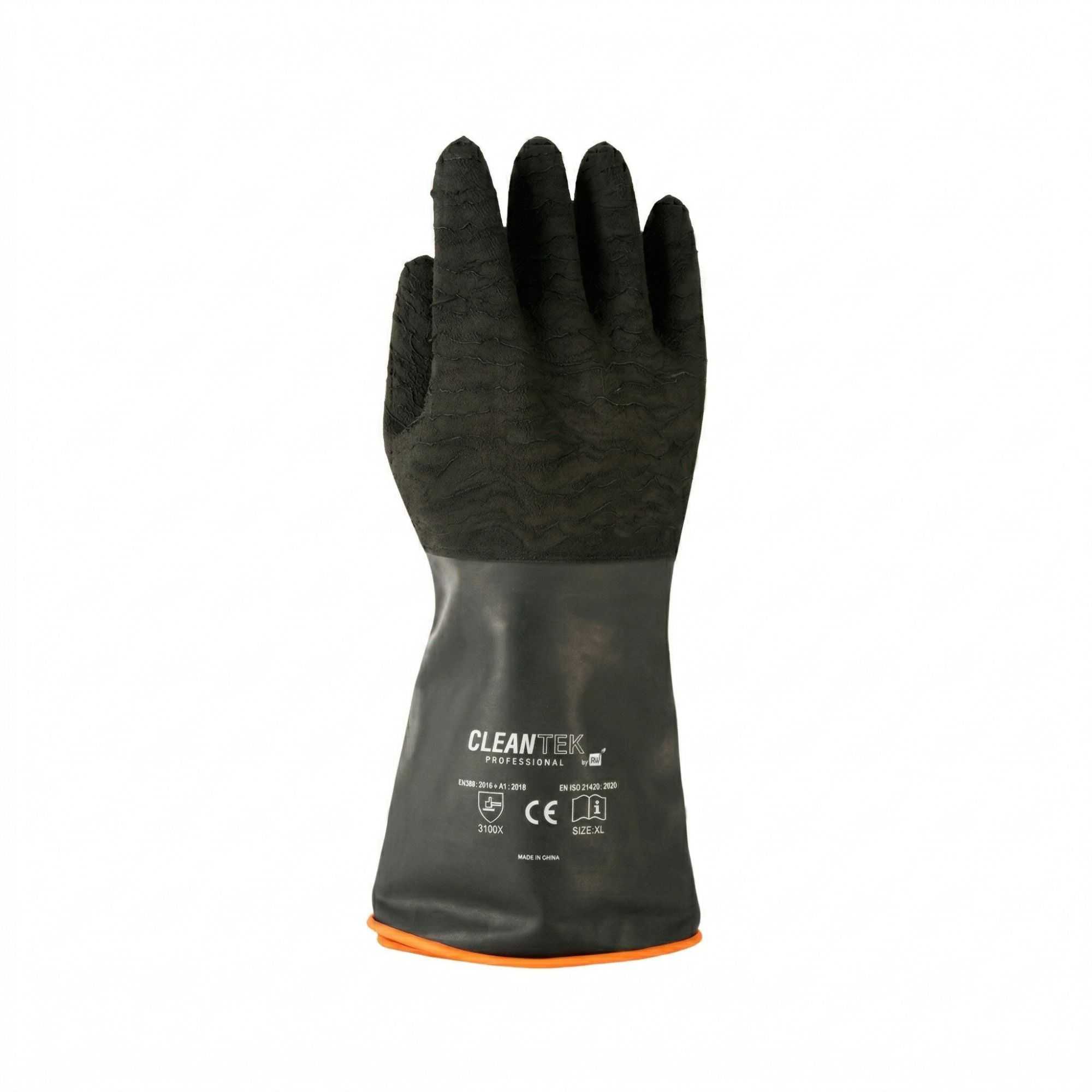 Clean Tek Professional 35 mil Black Latex Chemical-Resistant Gloves - Non-Slip, Unlined, Heavy Duty - 13 3/4" - Pair - 1 count box
