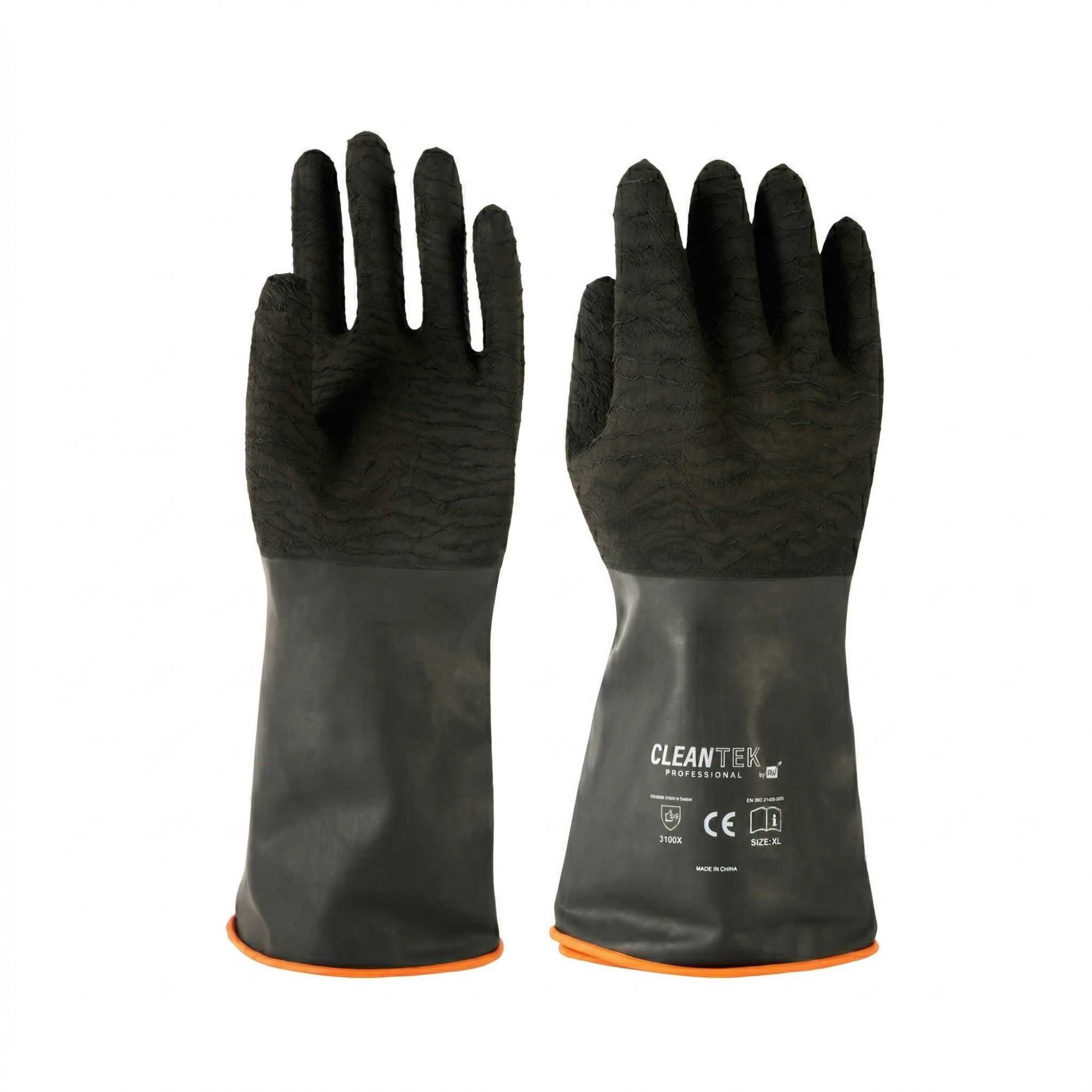 Clean Tek Professional 35 mil Black Latex Chemical-Resistant Gloves - Non-Slip, Unlined, Heavy Duty - 13 3/4" - Pair - 1 count box
