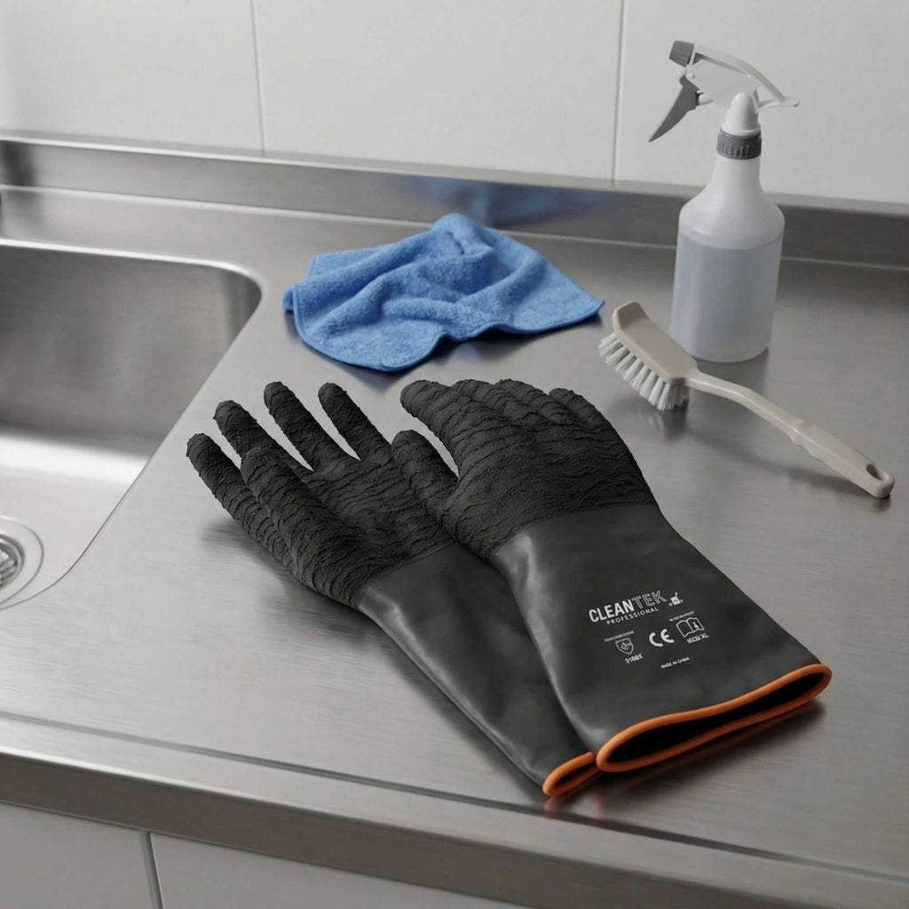 Clean Tek Professional 35 mil Black Latex Chemical-Resistant Gloves - Non-Slip, Unlined, Heavy Duty - 13 3/4" - Pair - 1 count box