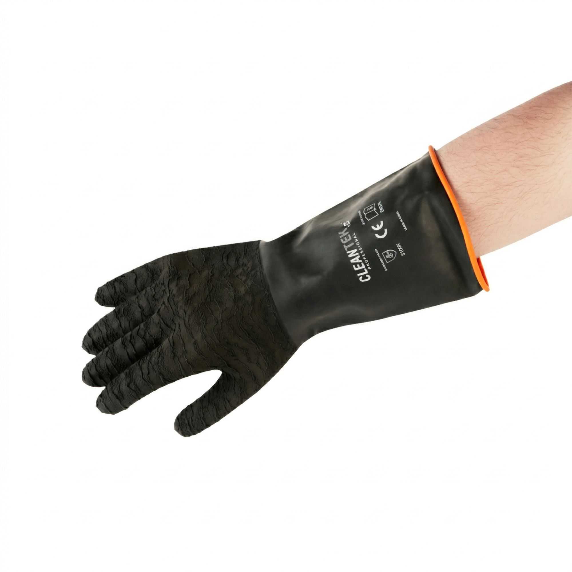 Clean Tek Professional 35 mil Black Latex Chemical-Resistant Gloves - Non-Slip, Unlined, Heavy Duty - 13 3/4" - Pair - 1 count box