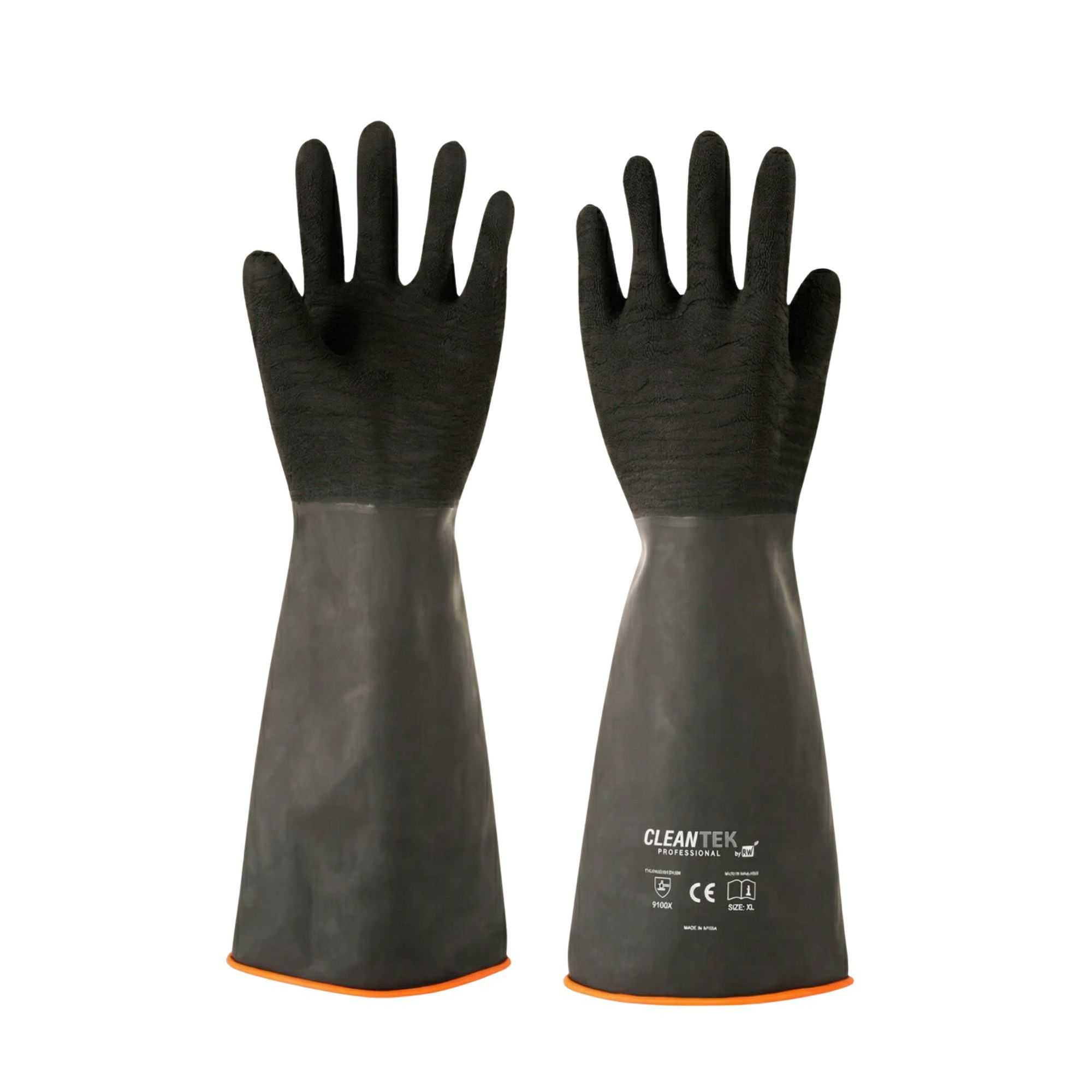 Clean Tek Professional 35 mil Black Latex Chemical-Resistant Gloves - Non-Slip, Unlined, Heavy Duty - 17 3/4" - Pair - 1 count box